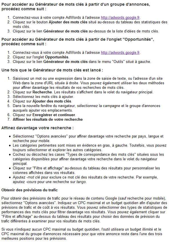 Mots cles Google Adwords